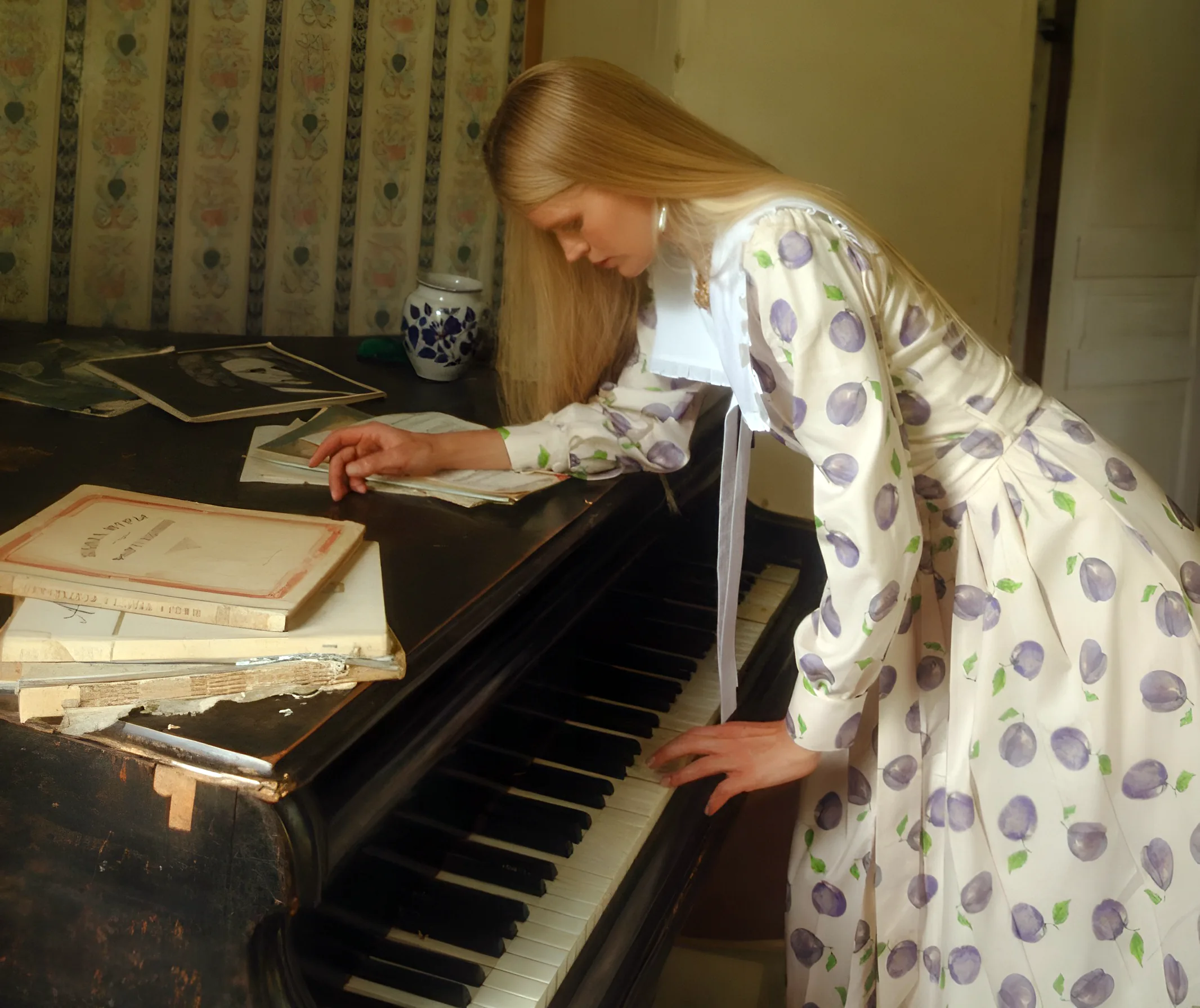 Woman copying music and playing it on the piano.